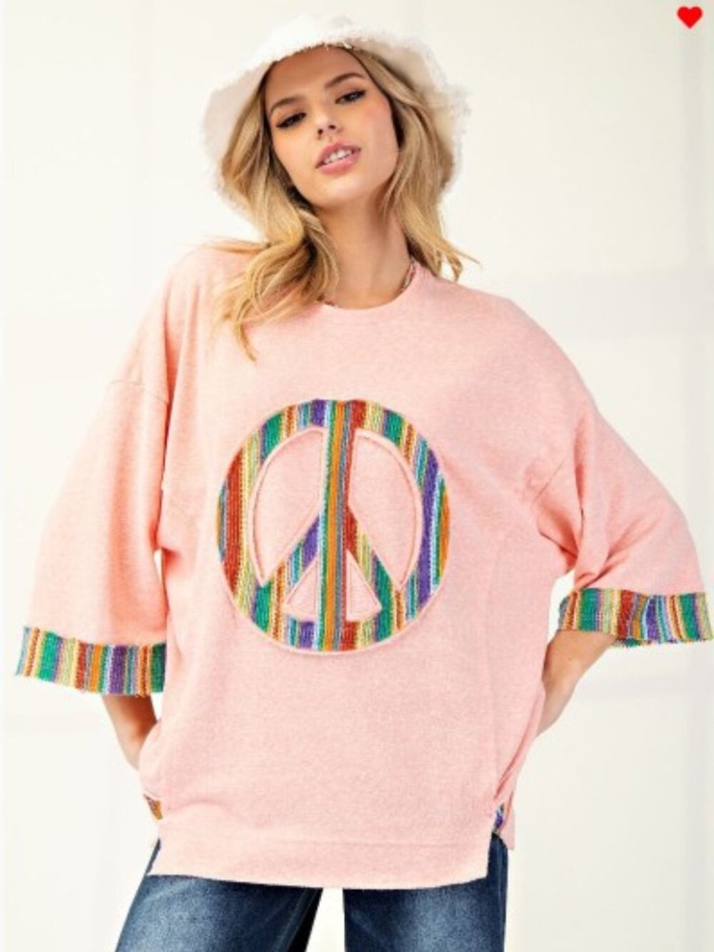 New! Easel ☮️ Peace Sign Patch Terry Knit Tunic Top 🌸 Boho Oversized
